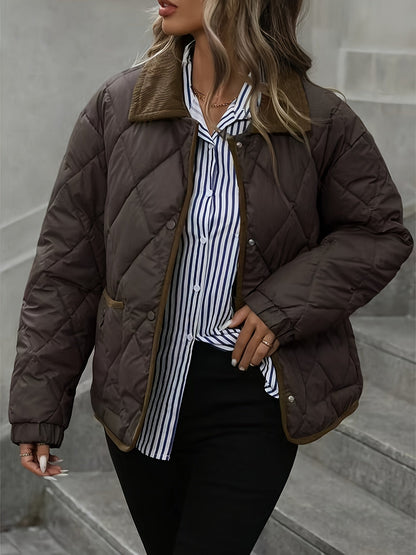 Diamond-Quilted Padded Jacket with Button Front and Relaxed Fit, Contrast Trim