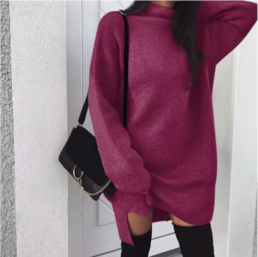 Women’s Wool and Cashmere Sweater Dress with High Neck and Side Splits – Oversized Knitted Mini Style for Cosy Autumn and Winter Dressing