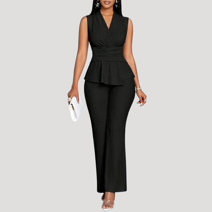 Women's Trouser Suit Two Piece Set Peplum Top Wide Leg Trousers