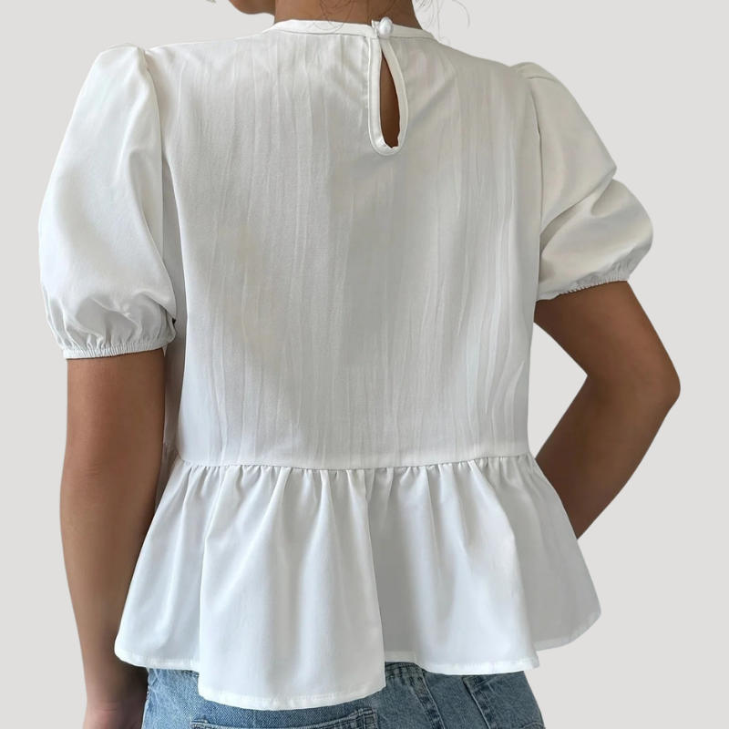 Women's Peplum Blouse White Puff Sleeve Bow Front Round Neck