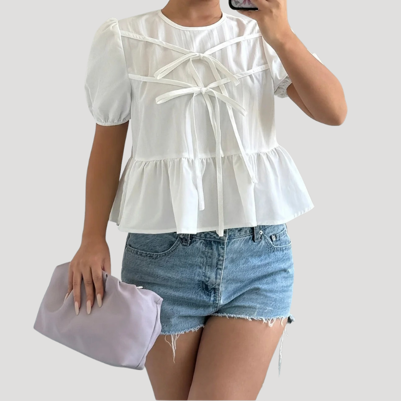 Women's Peplum Blouse White Puff Sleeve Bow Front Round Neck