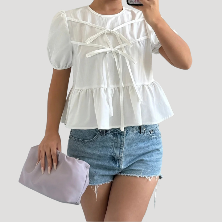 Women's Peplum Blouse White Puff Sleeve Bow Front Round Neck