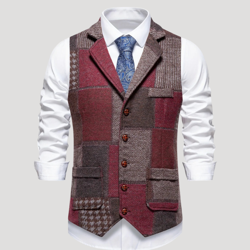 Men's Tweed Vest Patchwork Waistcoat Button Formal Sleeveless Ret