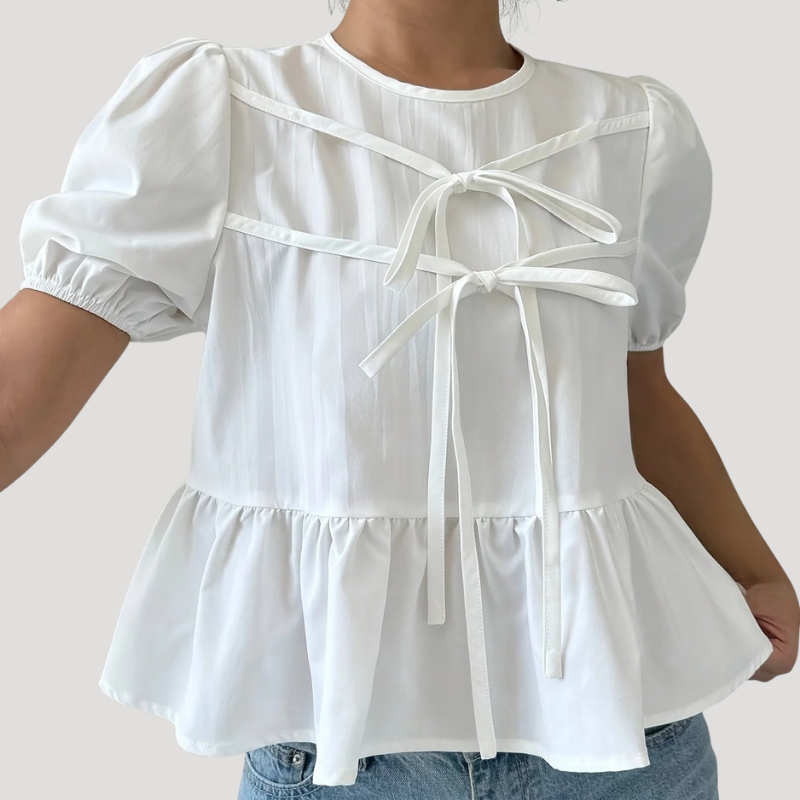 Women's Peplum Blouse White Puff Sleeve Bow Front Round Neck