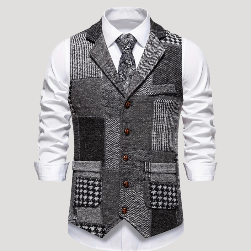 Men's Tweed Vest Patchwork Waistcoat Button Formal Sleeveless Ret