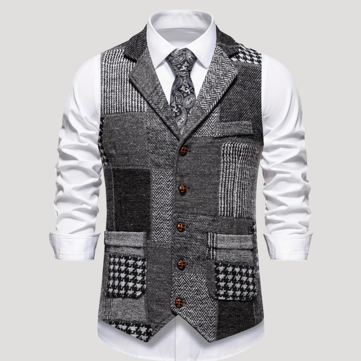 Men's Tweed Vest Patchwork Waistcoat Button Formal Sleeveless Ret