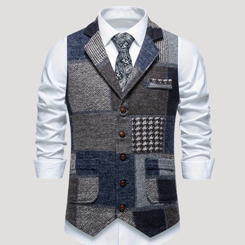 Men's Tweed Vest Patchwork Waistcoat Button Formal Sleeveless Ret