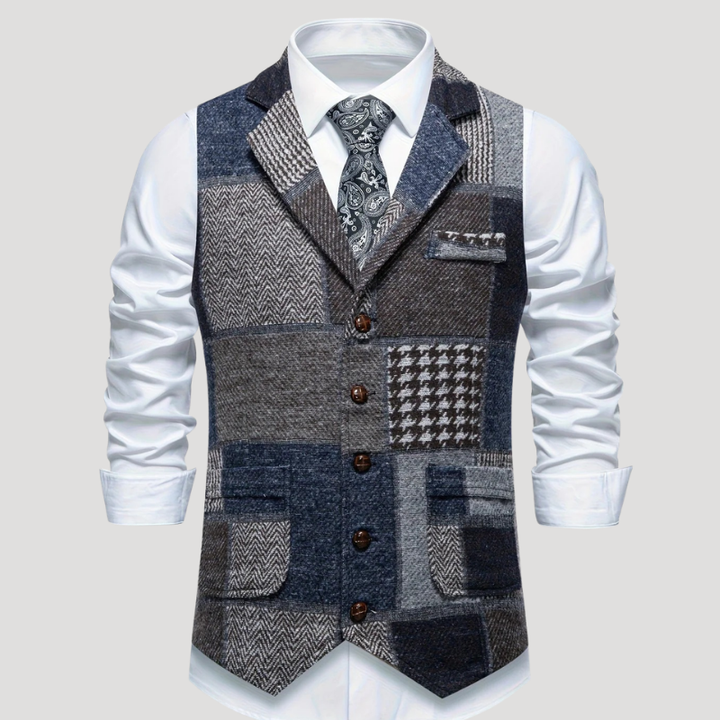 Men's Tweed Vest Patchwork Waistcoat Button Formal Sleeveless Ret