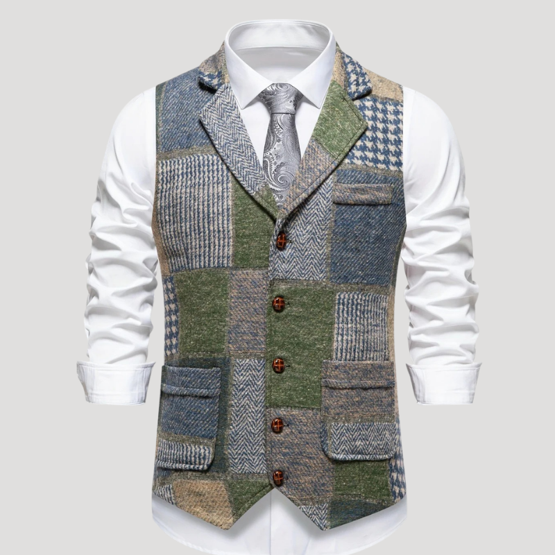 Men's Tweed Vest Patchwork Waistcoat Button Formal Sleeveless Ret