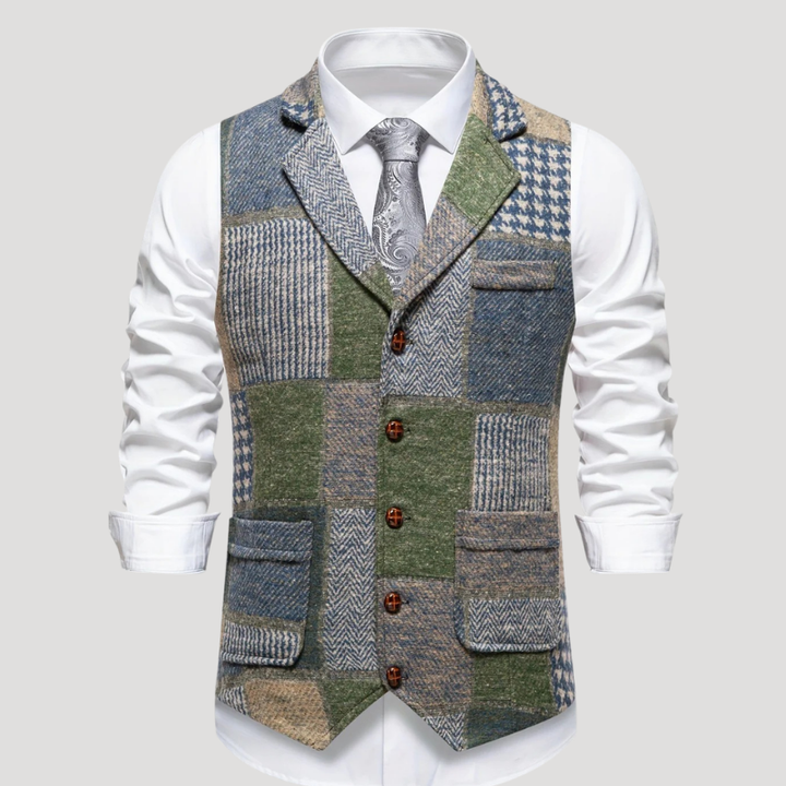 Men's Tweed Vest Patchwork Waistcoat Button Formal Sleeveless Ret