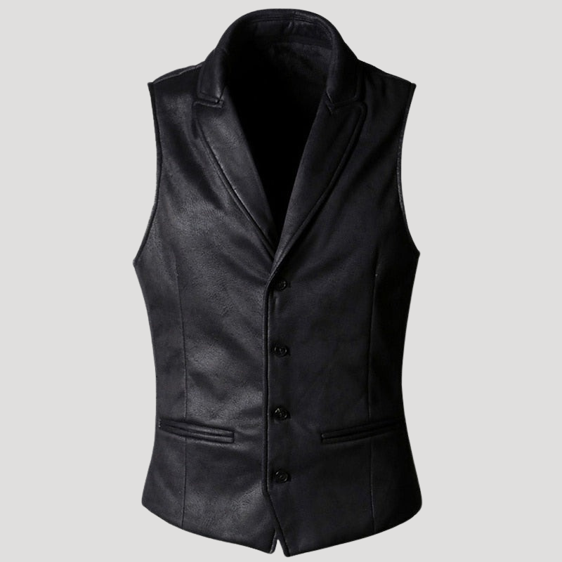 Men's Black Leather Waistcoat Vest V Neck Button Sleeveless