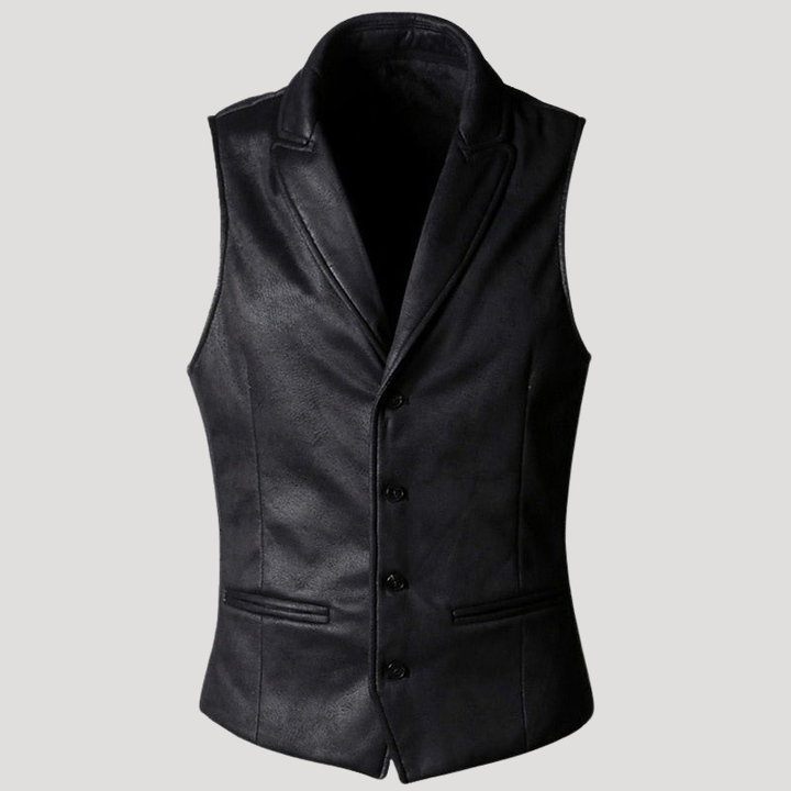 Men's Black Leather Waistcoat Vest V Neck Button Sleeveless