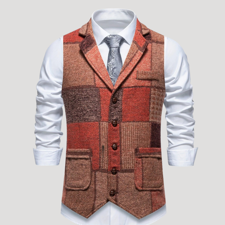Men's Tweed Vest Patchwork Waistcoat Button Formal Sleeveless Ret