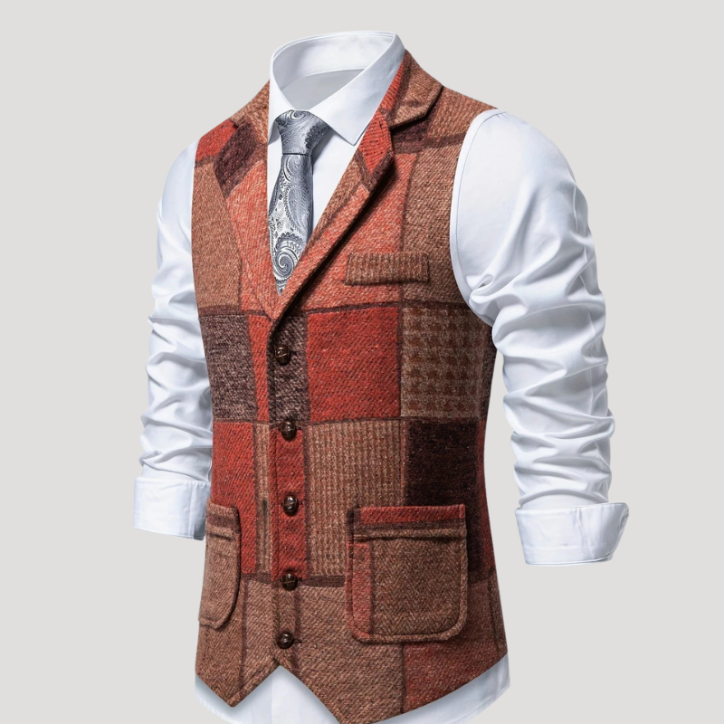 Men's Tweed Vest Patchwork Waistcoat Button Formal Sleeveless Ret