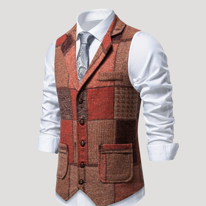 Men's Tweed Vest Patchwork Waistcoat Button Formal Sleeveless Ret