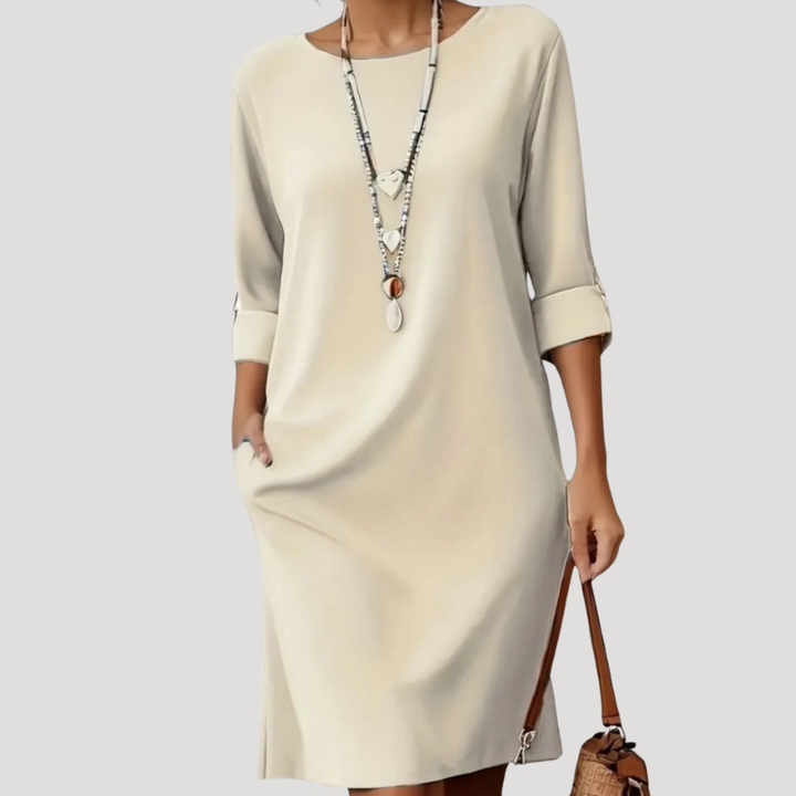 Women's Midi Shift Dress Three Quarter Sleeve Round Neck Casual