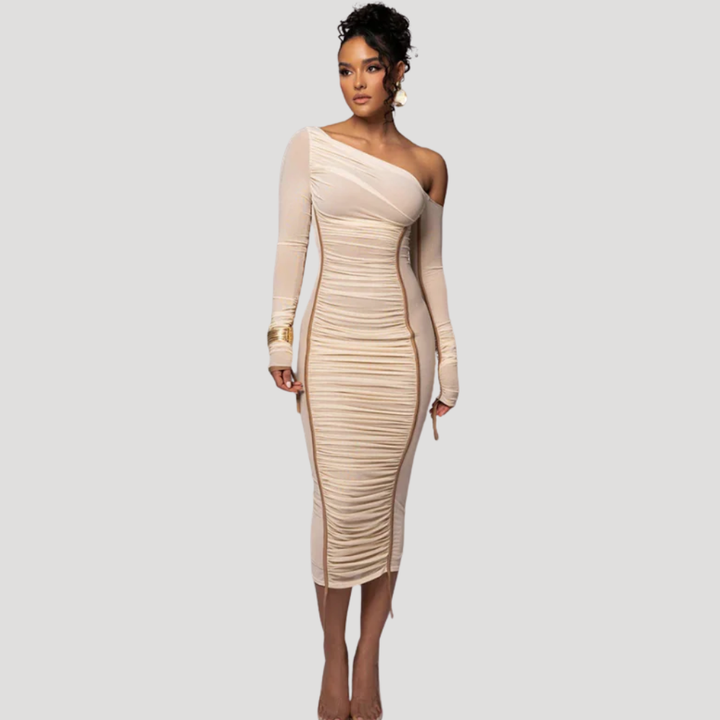 Women's Midi Bodycon Dress One Shoulder Long Sleeve Ruched