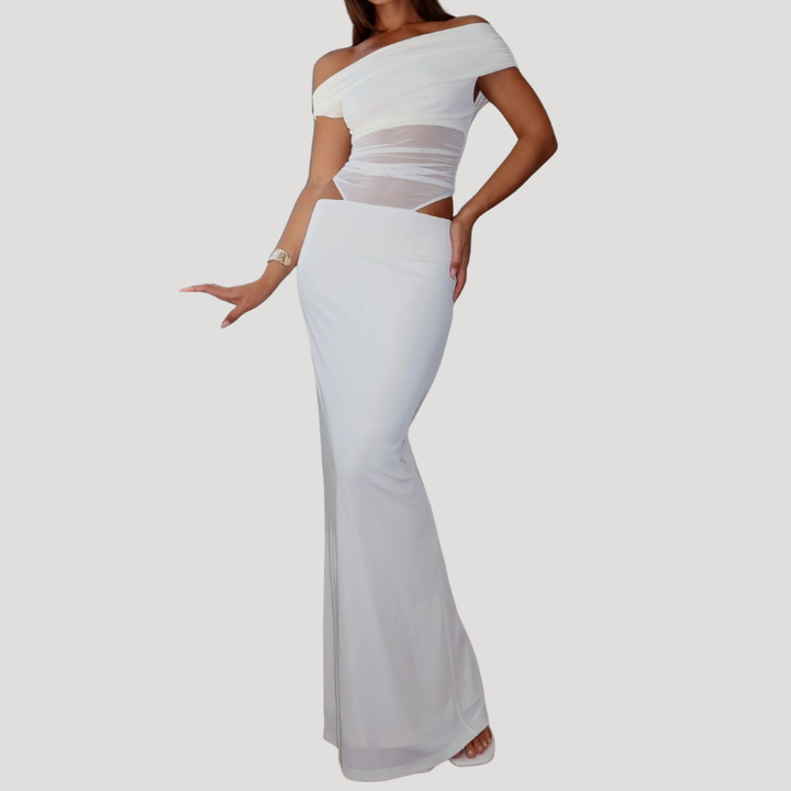 Women's White Maxi Mesh Dress Off Shoulder Bodycon Cut Out