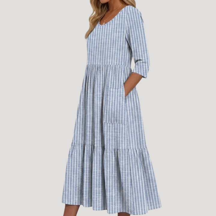 Women's Blue Midi Striped Round Neck Three Quarter Sleeve