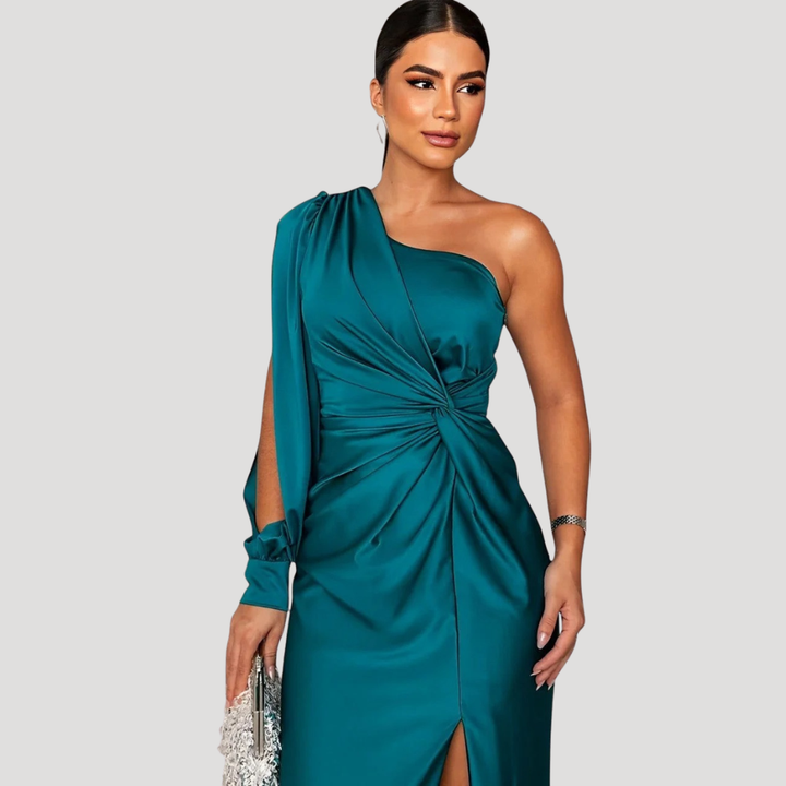 Women's Maxi Dress One Shoulder Satin Formal Wedding Guest Dress