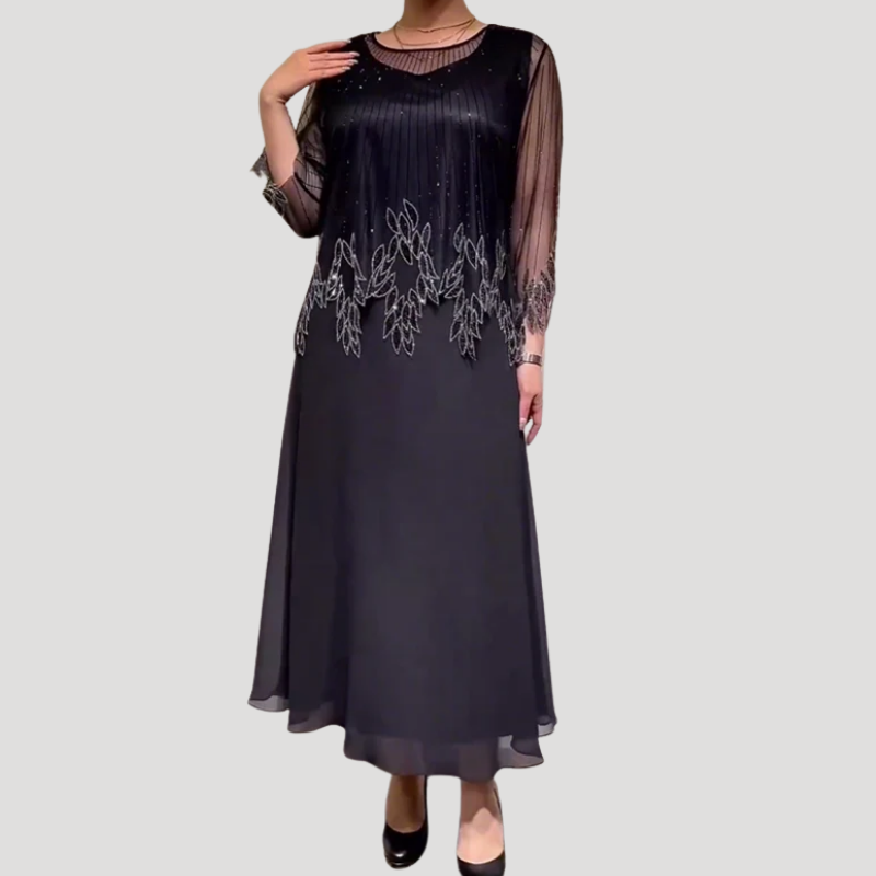 Women's Maxi Chiffon Dress Mesh Embroidered Long Sleeve