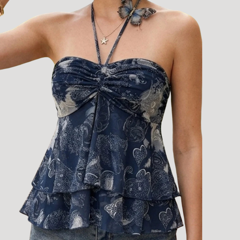 Women's Cami Top Halter Tie Neck Floral Satin Peplum