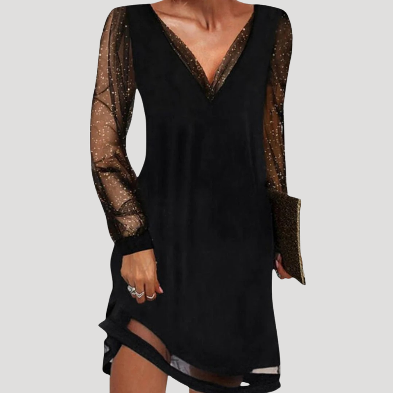 Women's Black Mini Chiffon Dress Mesh V Neck Long Sleeve