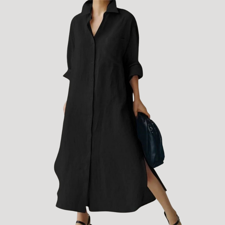 Women's Maxi Shirt Collared Long Sleeve Linen Casual