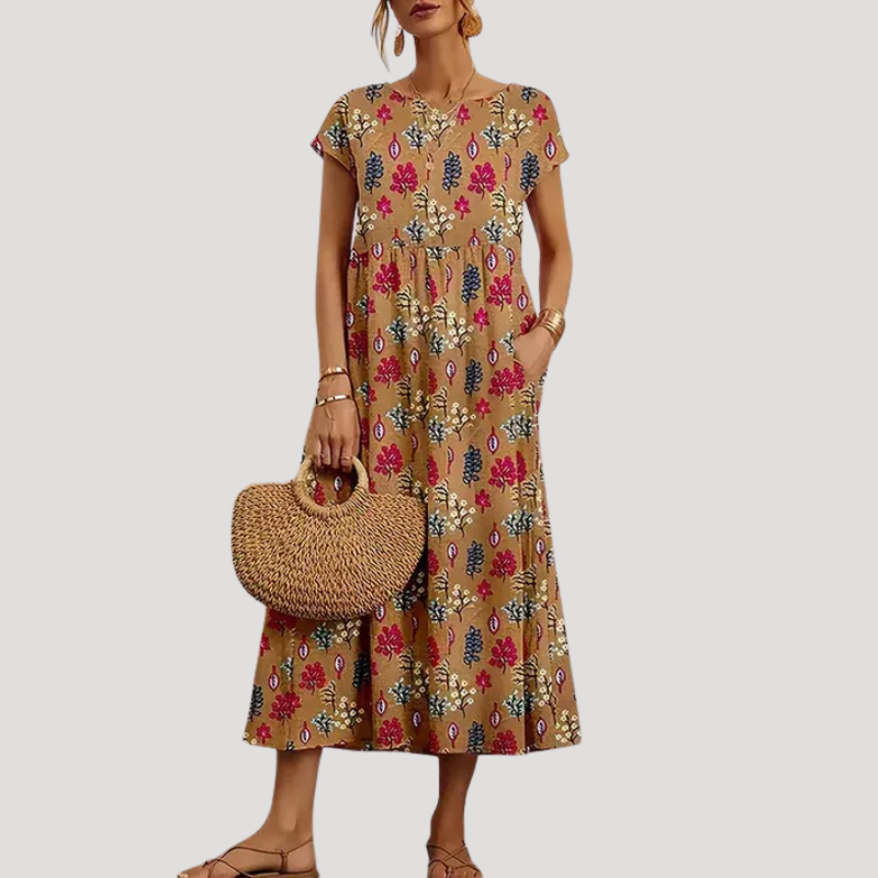 Women's Floral Midi Pocket Round Neck Short Sleeve Dress