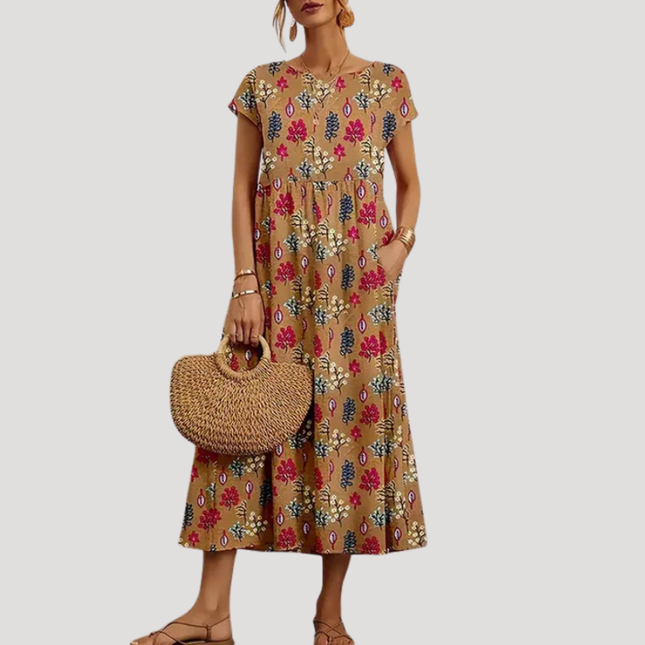 Women's Floral Midi Pocket Round Neck Short Sleeve Dress