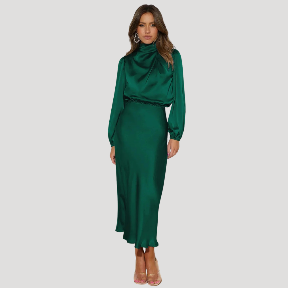 Women's Satin Evening Maxi Dress Long Sleeve High Neck