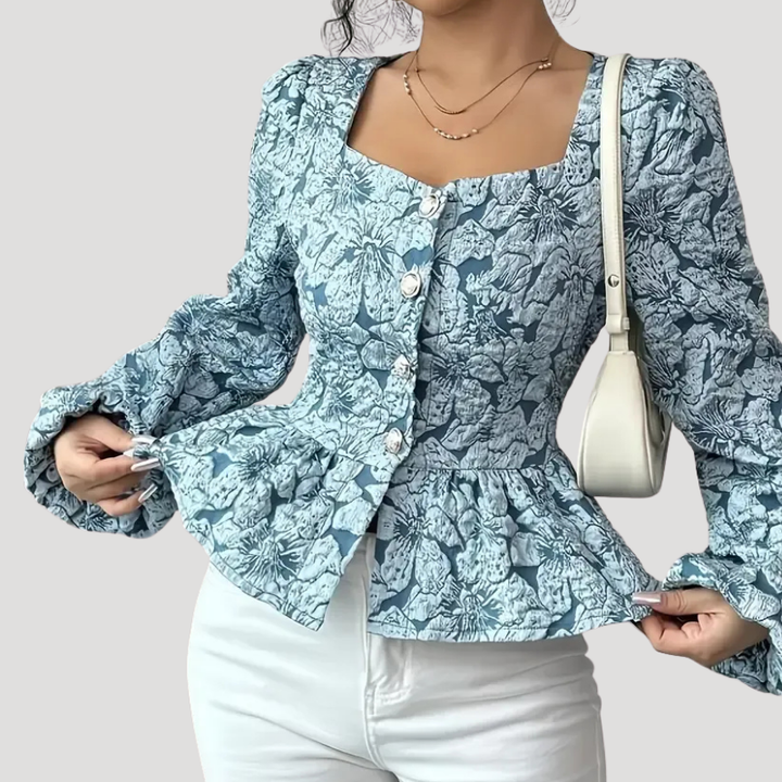 Women's Blue Floral Peplum Blouse Long Sleeve Puff Sleeve