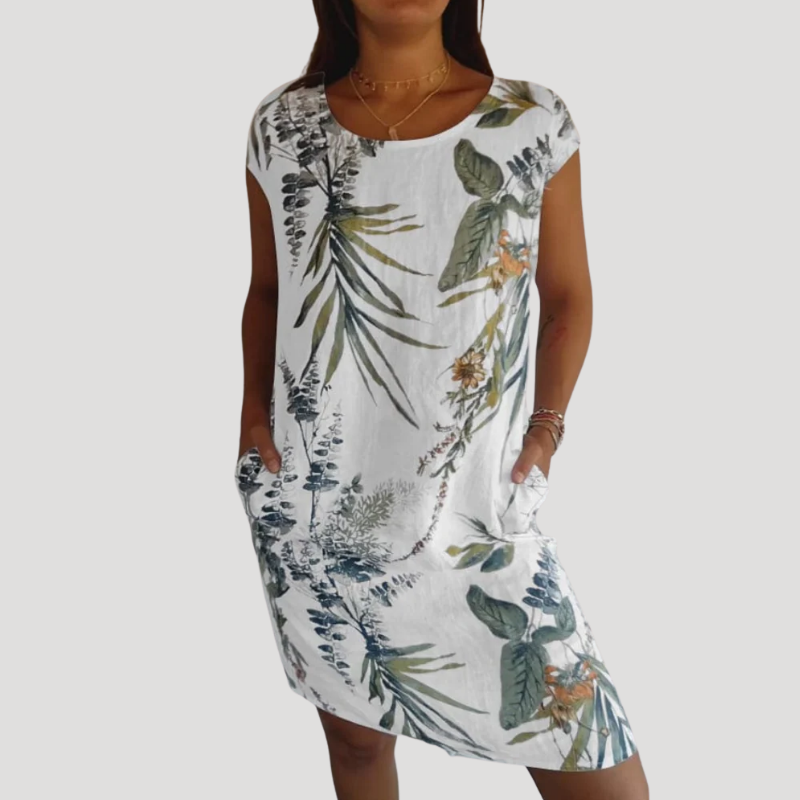 Women's Printed Shift Dress Pocket Round Neck Cap Sleeve
