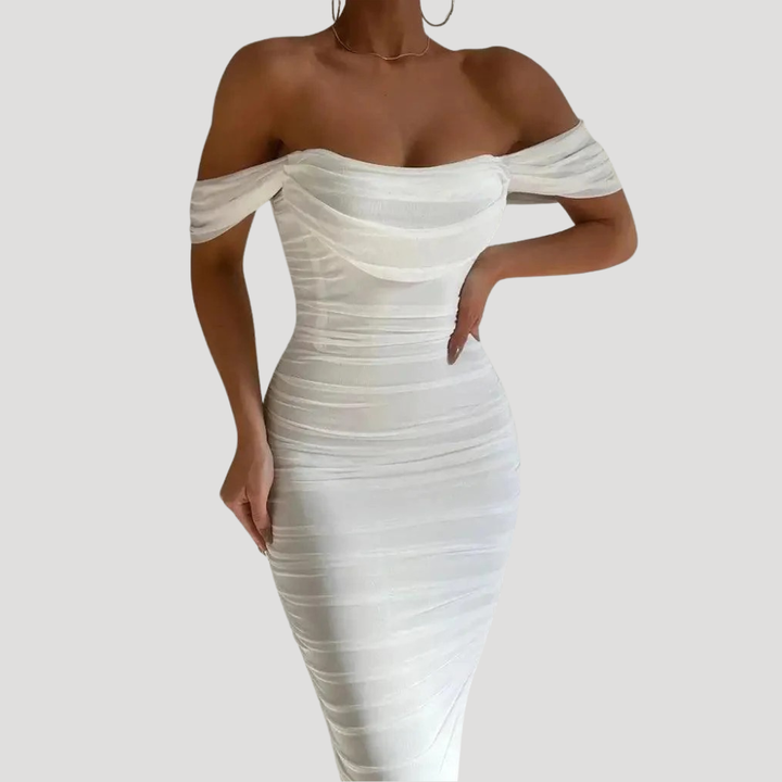 Women's White Midi Bodycon Dress Bardot Off Shoulder Ruched