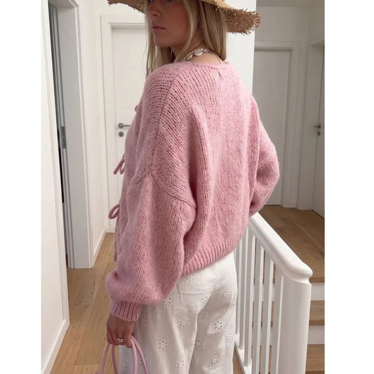Womens Tie Front Bow Cardigan Sweater, Cozy Chunky Knit Long Puff Sleeve Open Front Sweater Jacket