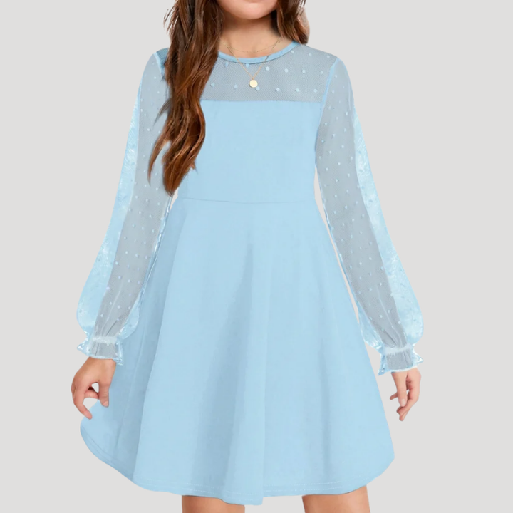 Women's A Line Mesh Dress Round Neck Long Sleeve