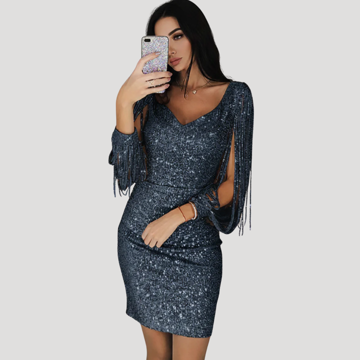 Women's Sequin Bodycon Mini Dress Long Sleeve Fringe Glitter