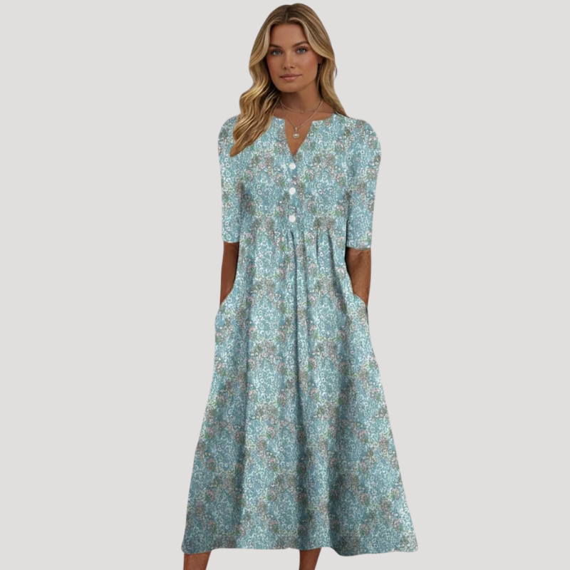 Women's Blue Floral Maxi Pocket Dress V Neck Button Front