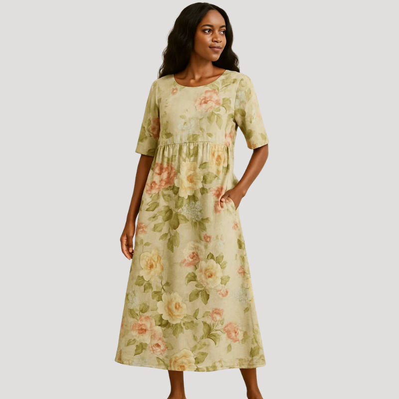 Women's Floral Midi Pocket Dress Round Neck Short Sleeve Casual