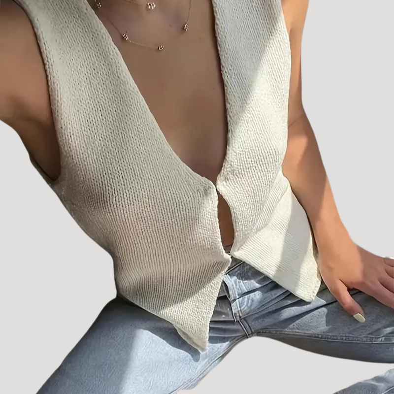 Women's White Knit Vest V Neck Button Open Front Sleeveless