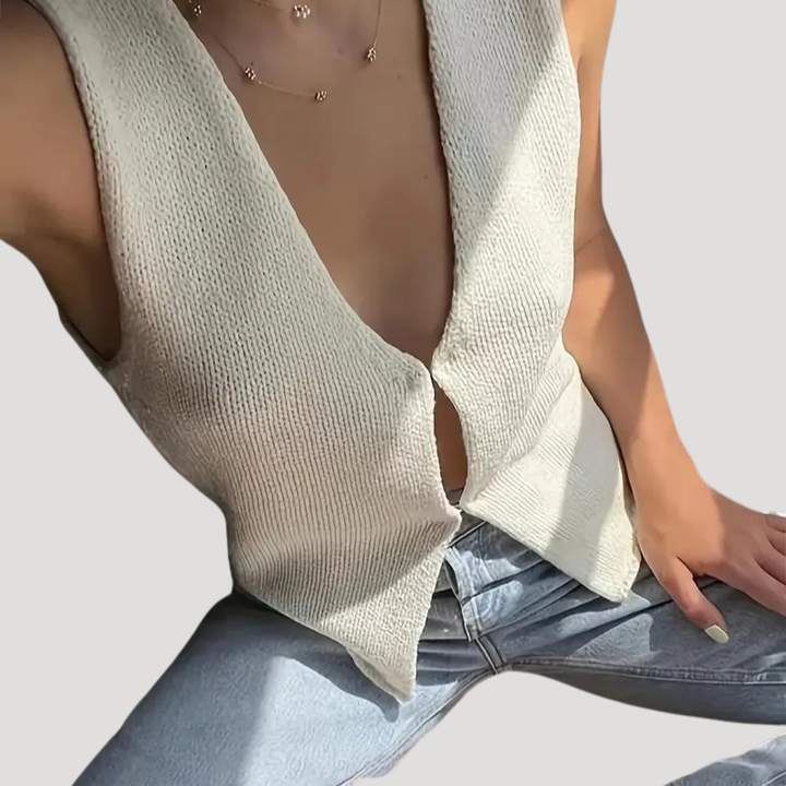 Women's White Knit Vest V Neck Button Open Front Sleeveless