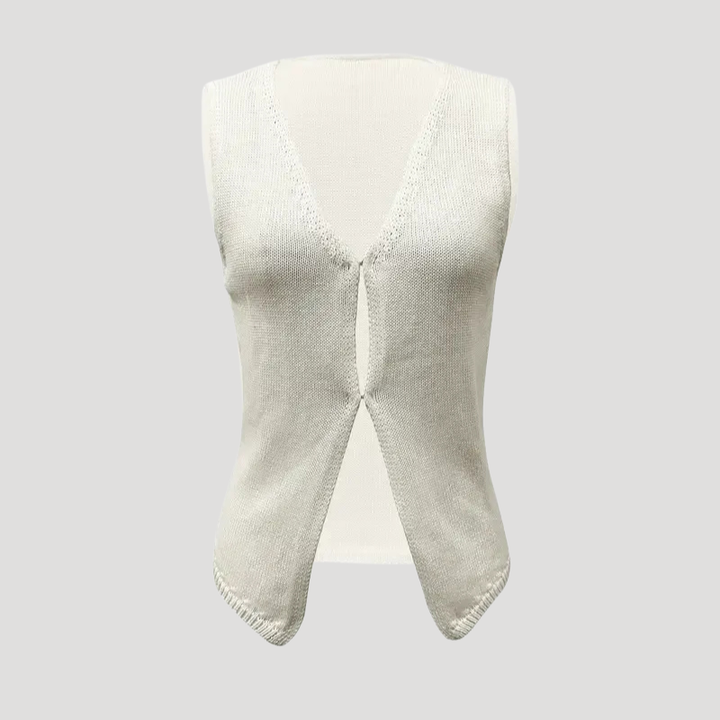 Women's White Knit Vest V Neck Button Open Front Sleeveless