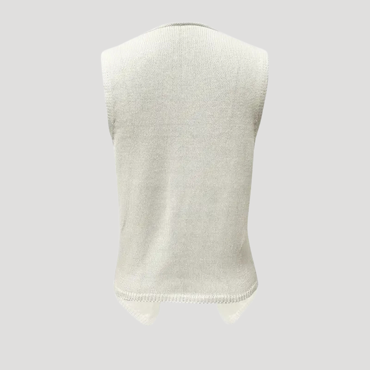 Women's White Knit Vest V Neck Button Open Front Sleeveless