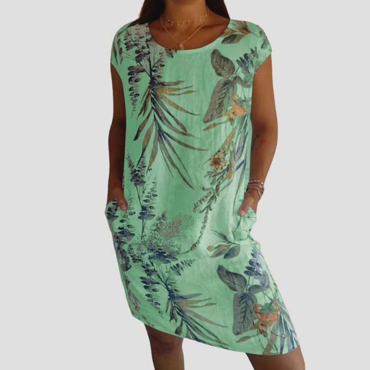 Women's Printed Shift Dress Pocket Round Neck Cap Sleeve