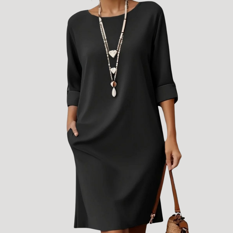 Women's Midi Shift Dress Three Quarter Sleeve Round Neck Casual