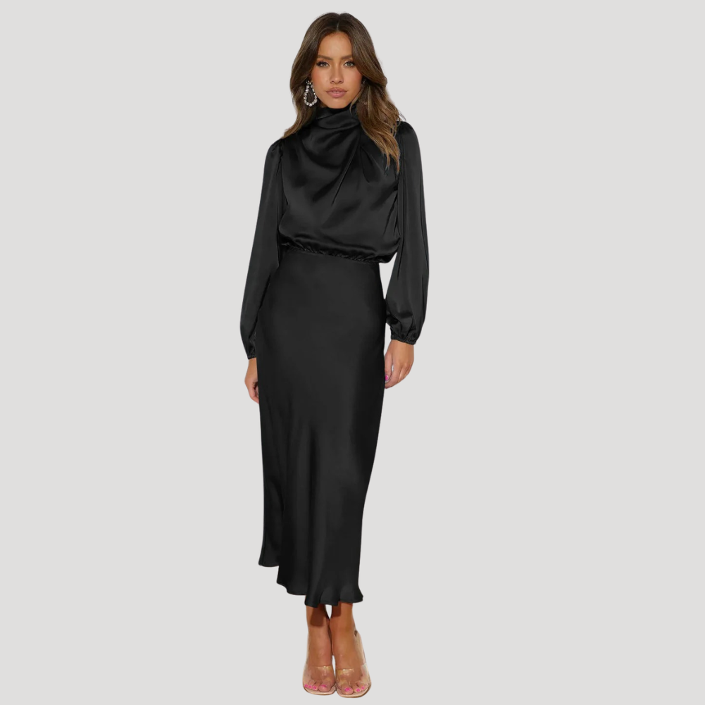 Women's Satin Evening Maxi Dress Long Sleeve High Neck