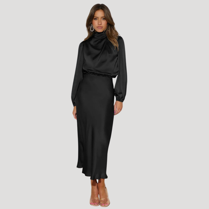 Women's Satin Evening Maxi Dress Long Sleeve High Neck