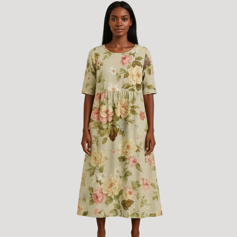 Women's Floral Midi Pocket Dress Round Neck Short Sleeve Casual