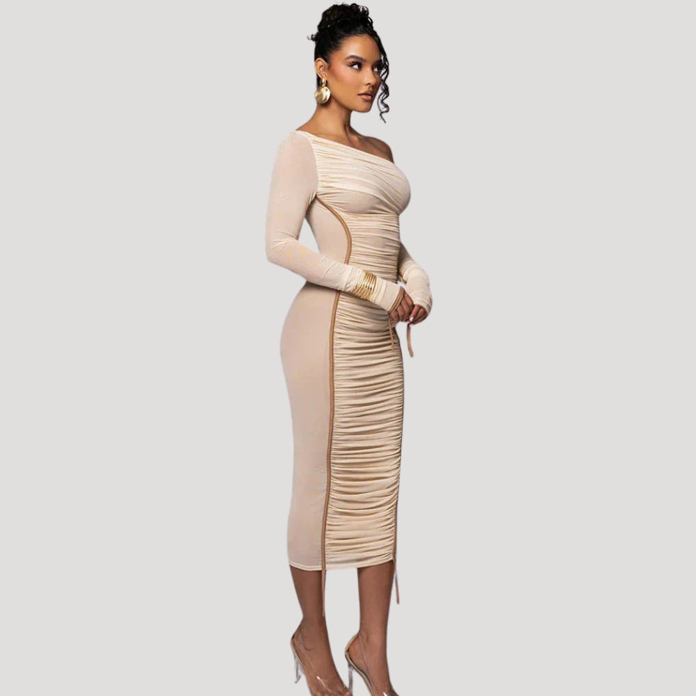 Women's Midi Bodycon Dress One Shoulder Long Sleeve Ruched