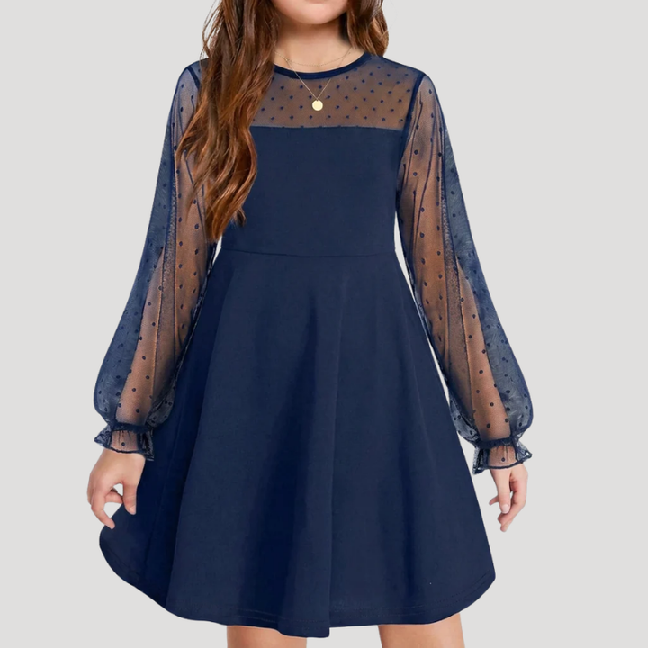 Women's A Line Mesh Dress Round Neck Long Sleeve